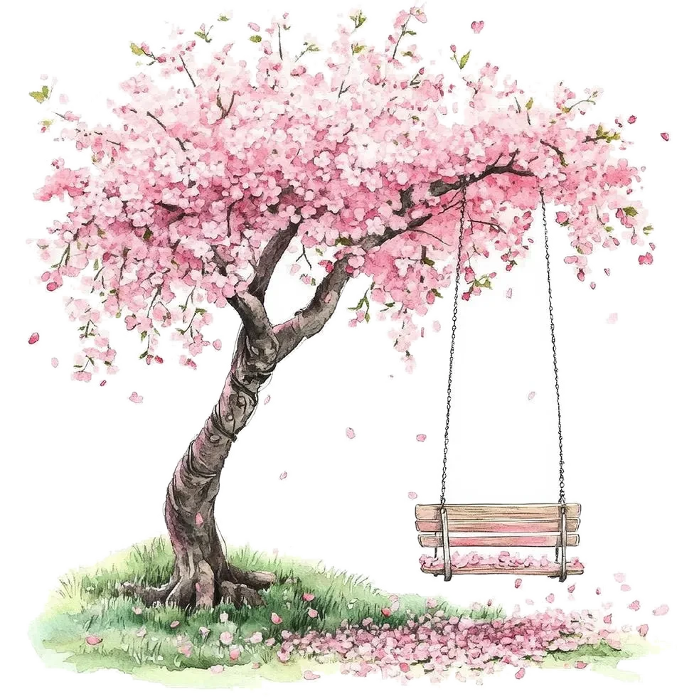 Illustrazione di un ciliegio in fiore con un'altalena di legno appesa a un ramo