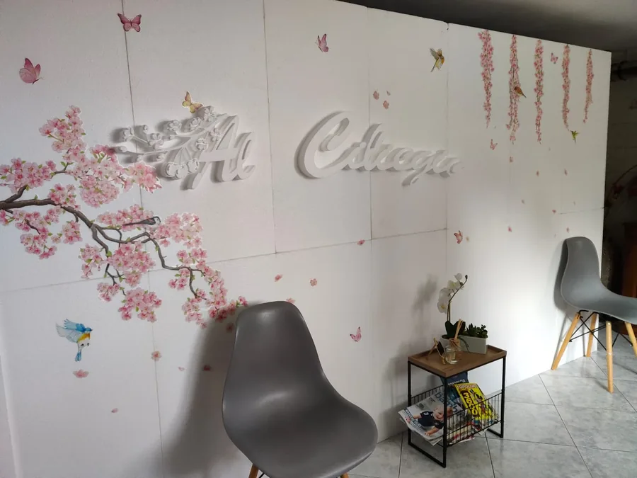 Lo studio con le pareti decorate con ciliegi